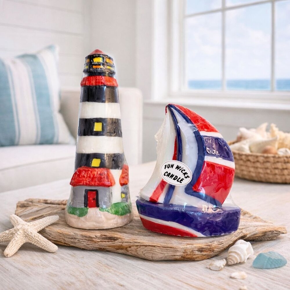 Fun Wicks Sculpted Candle Set Lighthouse Sailboat VTG Patriotic Nautical Decor
